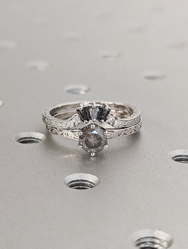 1920s Round Salt and Pepper Diamond Solitaire 14K White Gold Filigree Engraved Engagement Ring Set