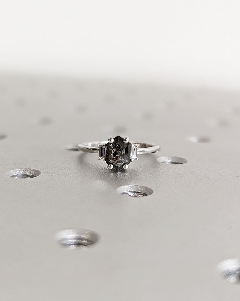 Raw Diamond Hexagon Baguette Diamond, Salt and Pepper, Unique Engagement Ring, Hexagon Cut Geometric Diamond Ring, 14k Gold, Custom Handmade