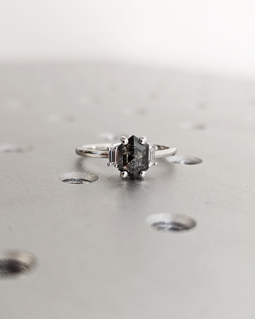 Raw Diamond Hexagon Baguette Diamond, Salt and Pepper, Unique Engagement Ring, Hexagon Cut Geometric Diamond Ring, 14k Gold, Custom Handmade
