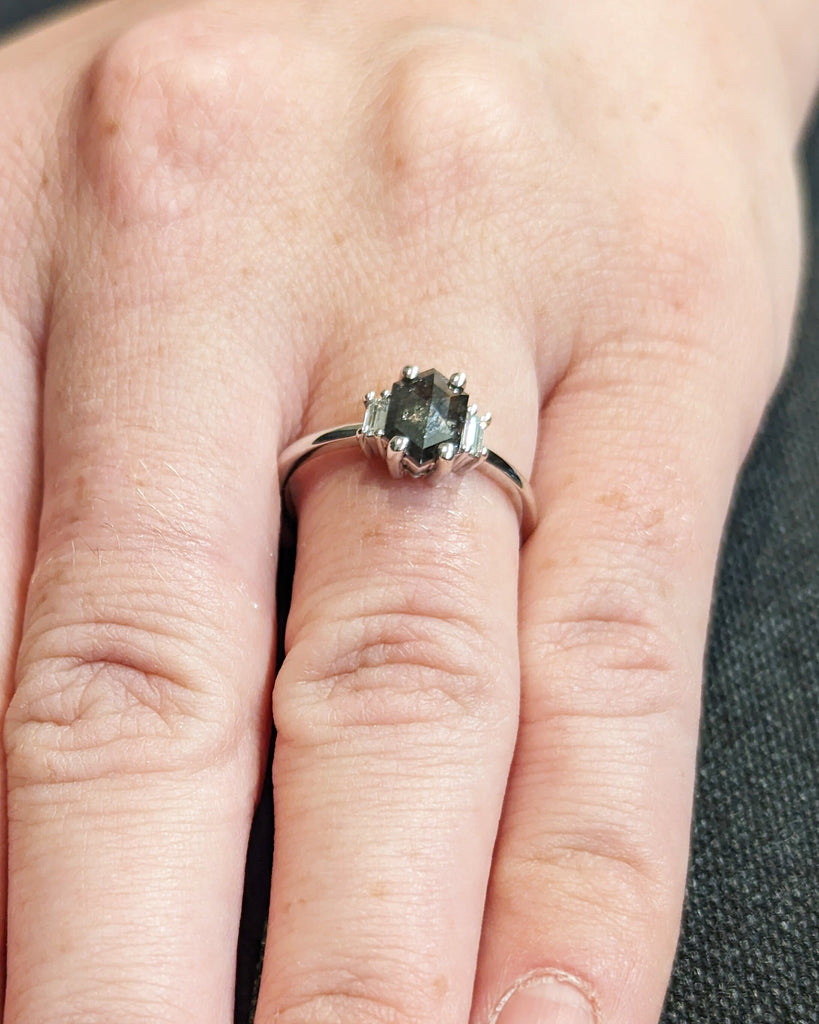 Raw Diamond Hexagon Baguette Diamond, Salt and Pepper, Unique Engagement Ring, Hexagon Cut Geometric Diamond Ring, 14k Gold, Custom Handmade