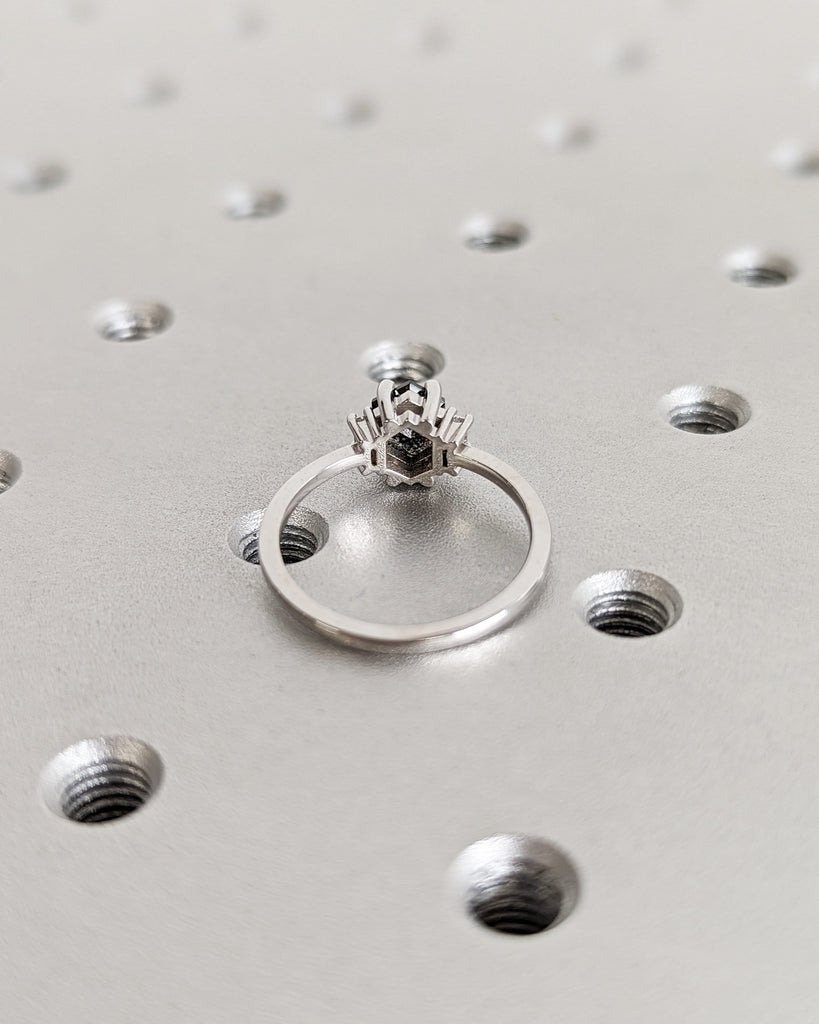 Raw Diamond Hexagon Baguette Diamond, Salt and Pepper, Unique Engagement Ring, Hexagon Cut Geometric Diamond Ring, 14k Gold, Custom Handmade