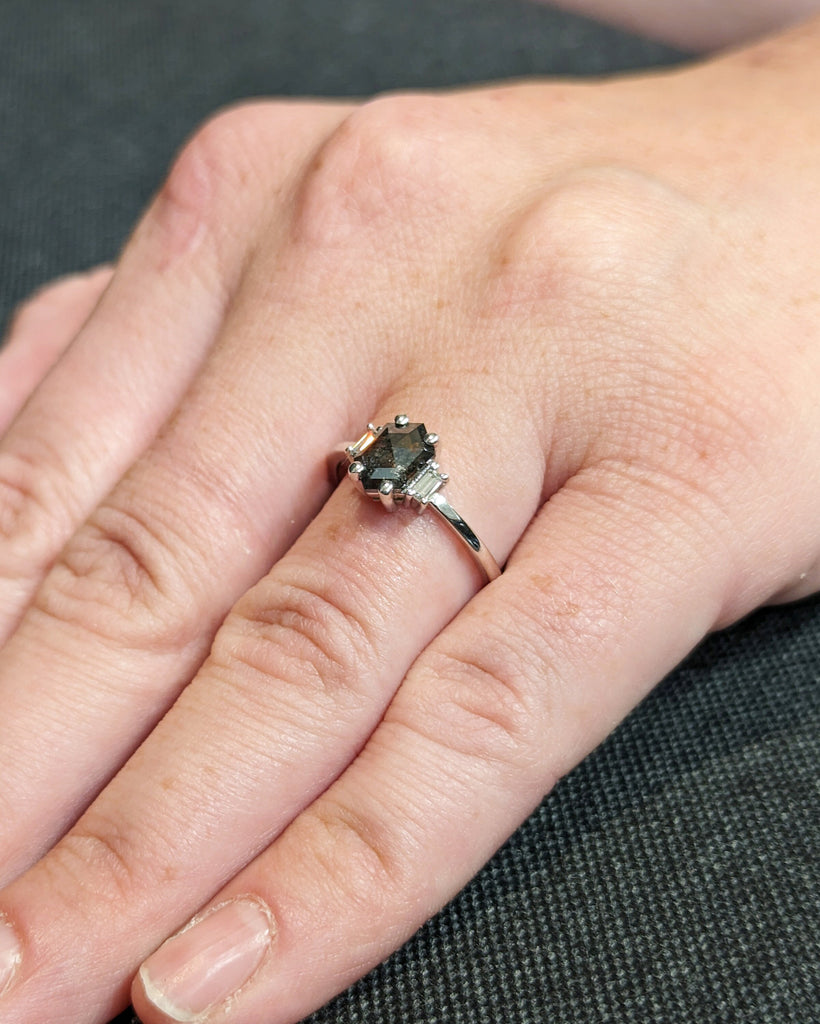 Raw Diamond Hexagon Baguette Diamond, Salt and Pepper, Unique Engagement Ring, Hexagon Cut Geometric Diamond Ring, 14k Gold, Custom Handmade