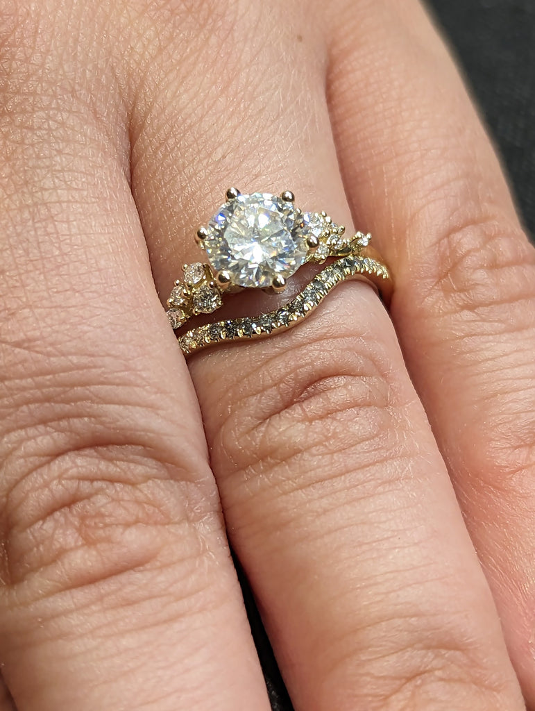 1.5ct Round Moissanite Snowdrift Diamond Cluster Yellow Gold Wedding Ring Set