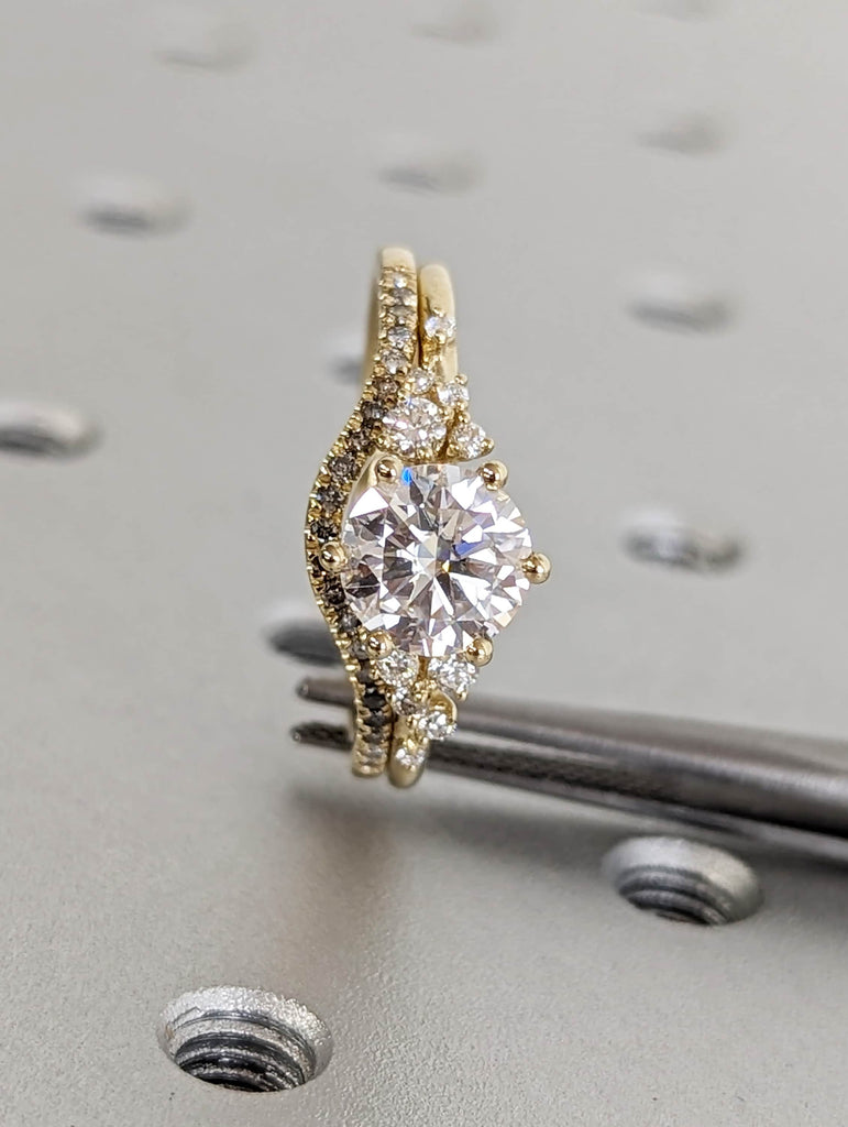 1.5ct Round Moissanite Snowdrift Diamond Cluster 14K Yellow Gold Engagement Ring Set