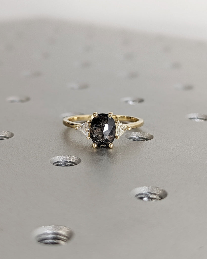 Raw Diamond Oval 3 Diamond Ring, Salt and Pepper, Unique Triangle Engagement Ring, Rose Cut Geometric Diamond Ring 14k Gold, Custom Handmade