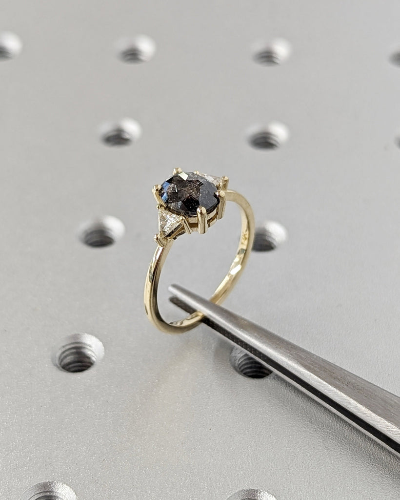 Raw Diamond Oval 3 Diamond Ring, Salt and Pepper, Unique Triangle Engagement Ring, Rose Cut Geometric Diamond Ring 14k Gold, Custom Handmade