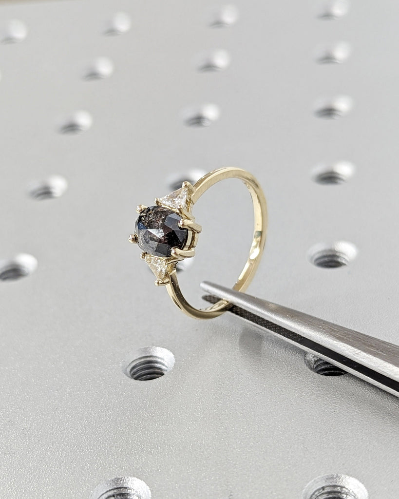 Raw Diamond Oval 3 Diamond Ring, Salt and Pepper, Unique Triangle Engagement Ring, Rose Cut Geometric Diamond Ring 14k Gold, Custom Handmade