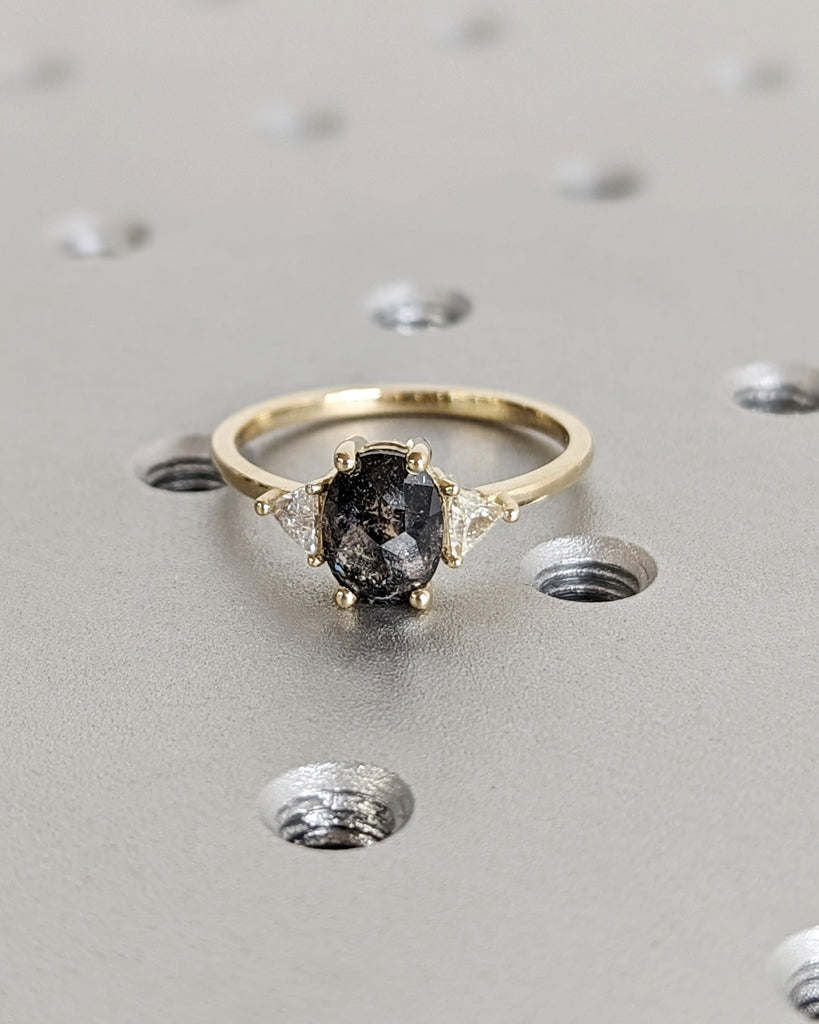 Raw Diamond Oval 3 Diamond Ring, Salt and Pepper, Unique Triangle Engagement Ring, Rose Cut Geometric Diamond Ring 14k Gold, Custom Handmade