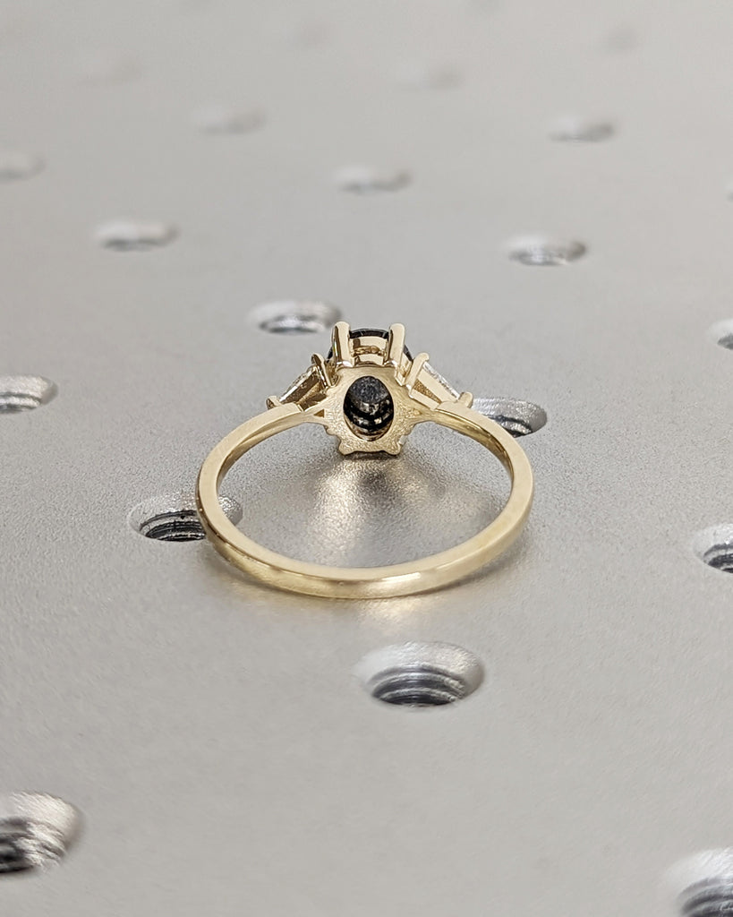 Raw Diamond Oval 3 Diamond Ring, Salt and Pepper, Unique Triangle Engagement Ring, Rose Cut Geometric Diamond Ring 14k Gold, Custom Handmade