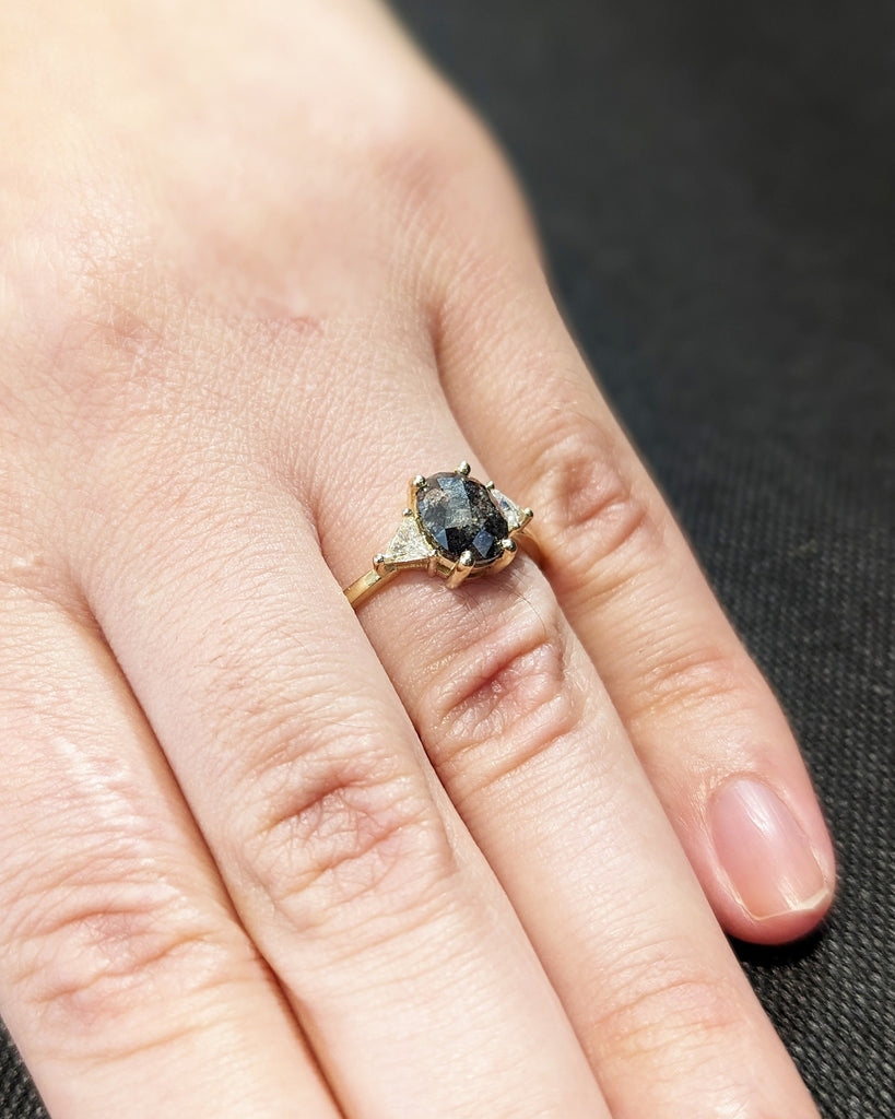 Raw Diamond Oval 3 Diamond Ring, Salt and Pepper, Unique Triangle Engagement Ring, Rose Cut Geometric Diamond Ring 14k Gold, Custom Handmade
