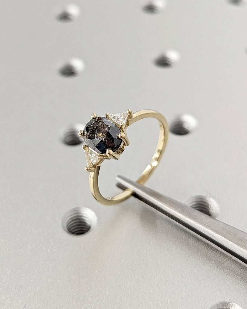 Raw Diamond Oval 3 Diamond Ring, Salt and Pepper, Unique Triangle Engagement Ring, Rose Cut Geometric Diamond Ring 14k Gold, Custom Handmade
