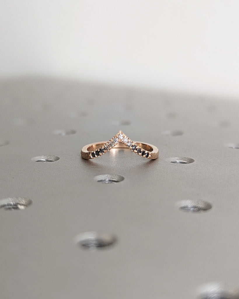 Raw Diamond Fan Cut Diamond, Salt and Pepper, Unique Engagement Ring, Rose Gold Geometric Diamond Ring, 14k Gold, Custom Handmade, Hammered