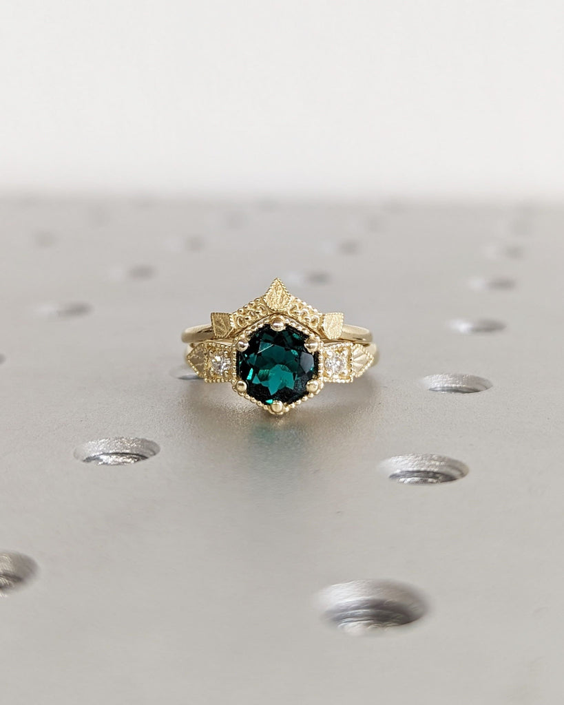 Emerald Ring Vintage Emerald Engagement Ring 14K Yellow Gold Ring Gift Unique Antique Wedding Promise Anniversary Ring For Her Birthstone