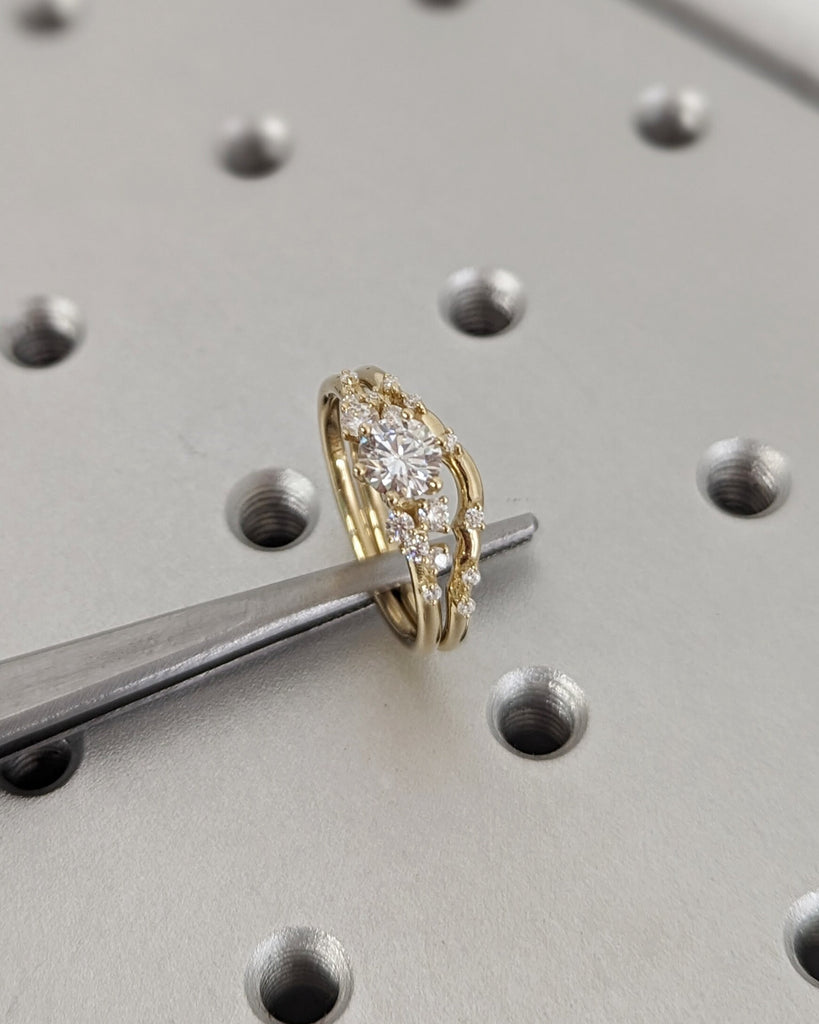 0.5ct Round Moissanite 14K Yellow Gold Engagement Ring | Unique Snowdrift 6 prong Moissanite Cluster Proposal Ring | Wedding Ring for Women