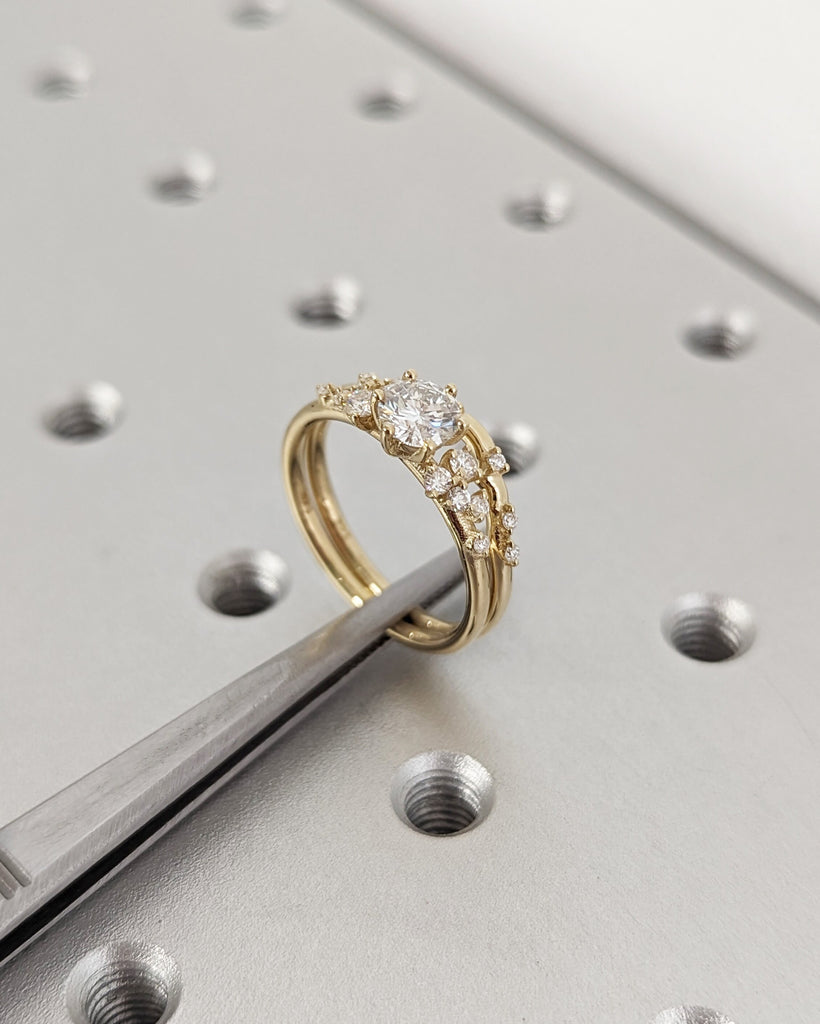 0.5ct Round Moissanite 14K Yellow Gold Engagement Ring | Unique Snowdrift 6 prong Moissanite Cluster Proposal Ring | Wedding Ring for Women