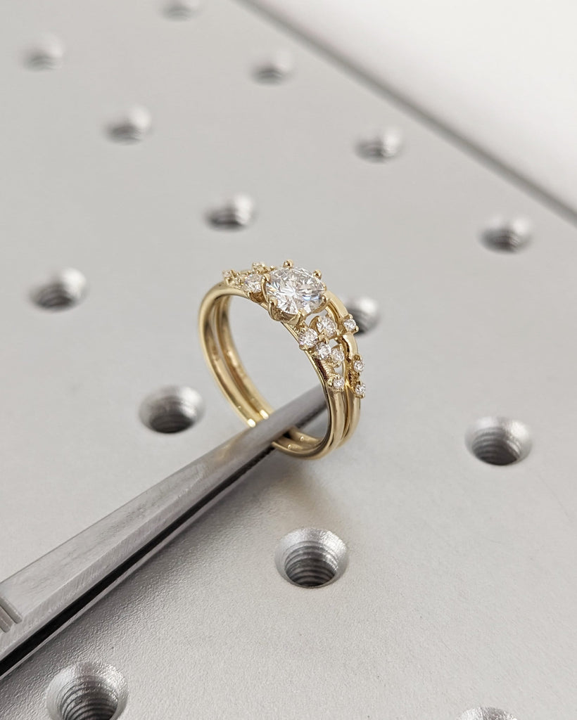 0.5ct Round Moissanite 14K Yellow Gold Engagement Ring | Unique Snowdrift 6 prong Moissanite Cluster Proposal Ring | Wedding Ring for Women