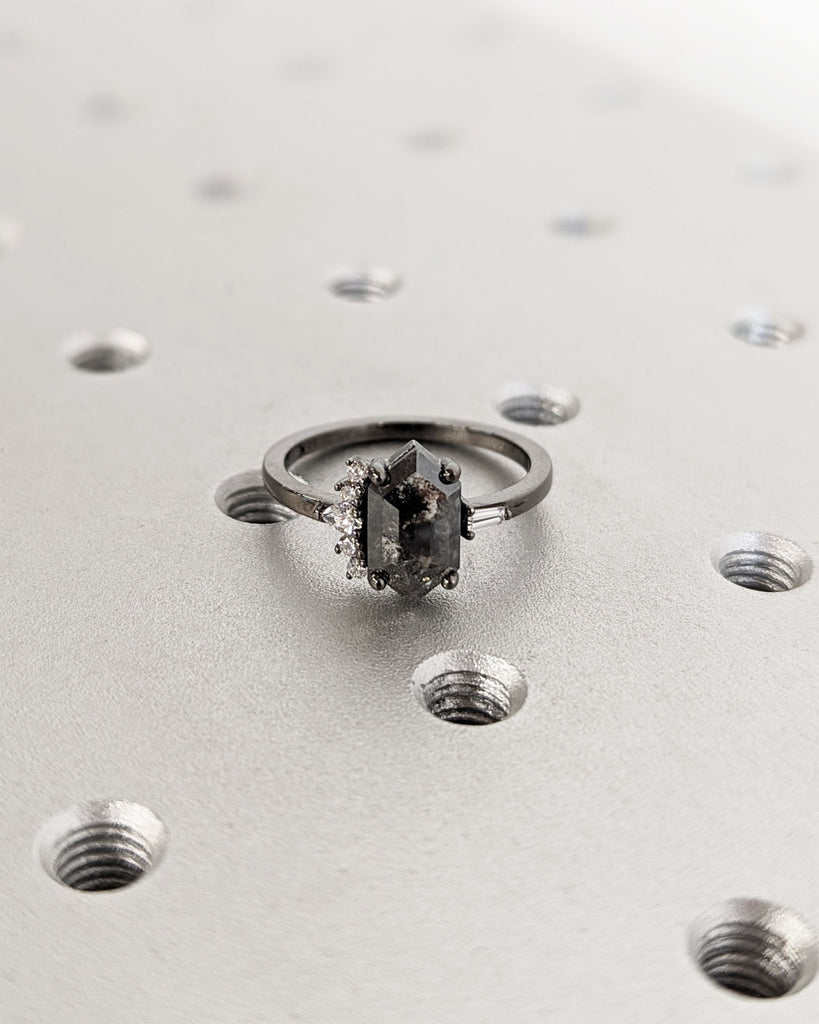 Hexagon Cut Grey Diamond cluster ring, Salt and Pepper Diamond Ring, Cluster engagement ring, Diamond cluster, Diamond ring, Engagement ring