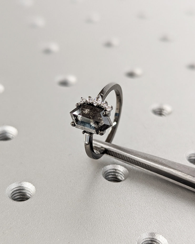Hexagon Cut Grey Diamond cluster ring, Salt and Pepper Diamond Ring, Cluster engagement ring, Diamond cluster, Diamond ring, Engagement ring