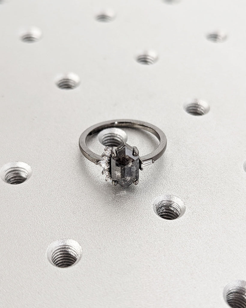 Hexagon Cut Grey Diamond cluster ring, Salt and Pepper Diamond Ring, Cluster engagement ring, Diamond cluster, Diamond ring, Engagement ring