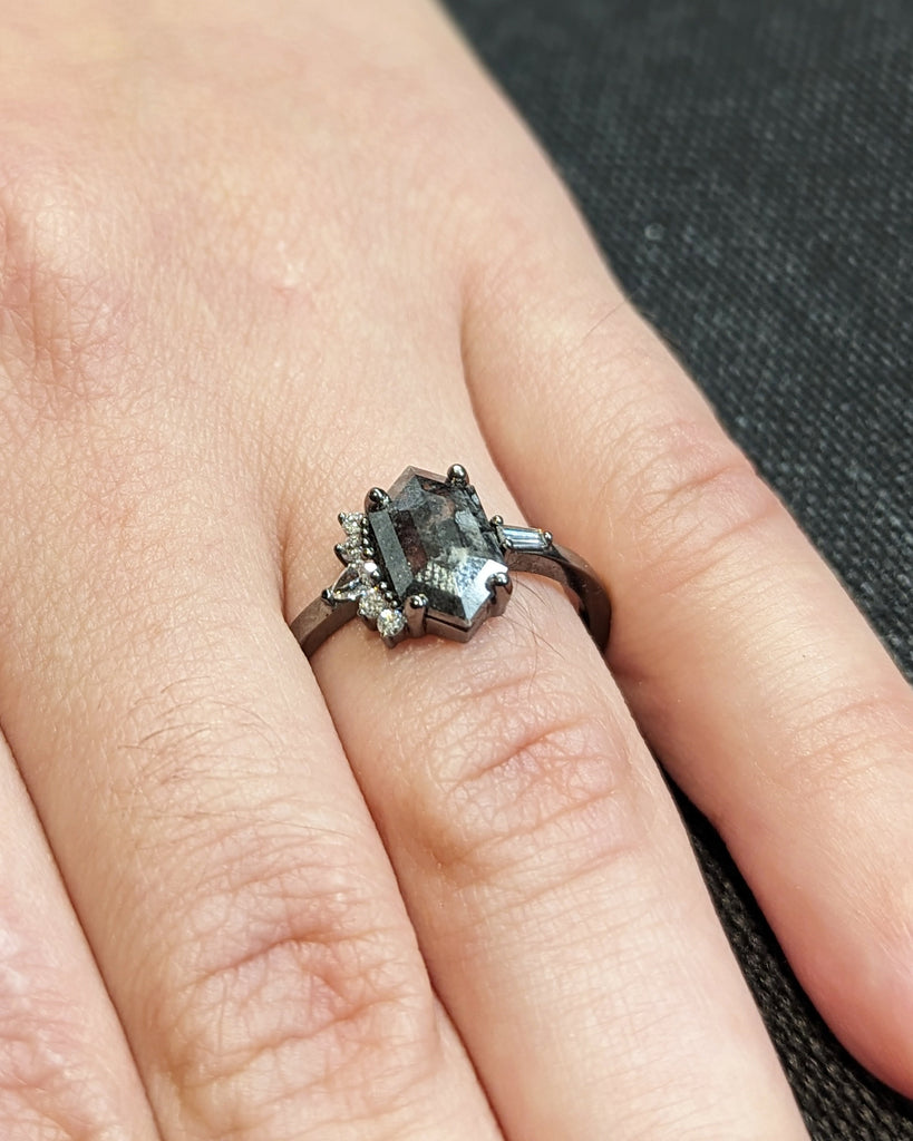 Hexagon Cut Grey Diamond cluster ring, Salt and Pepper Diamond Ring, Cluster engagement ring, Diamond cluster, Diamond ring, Engagement ring