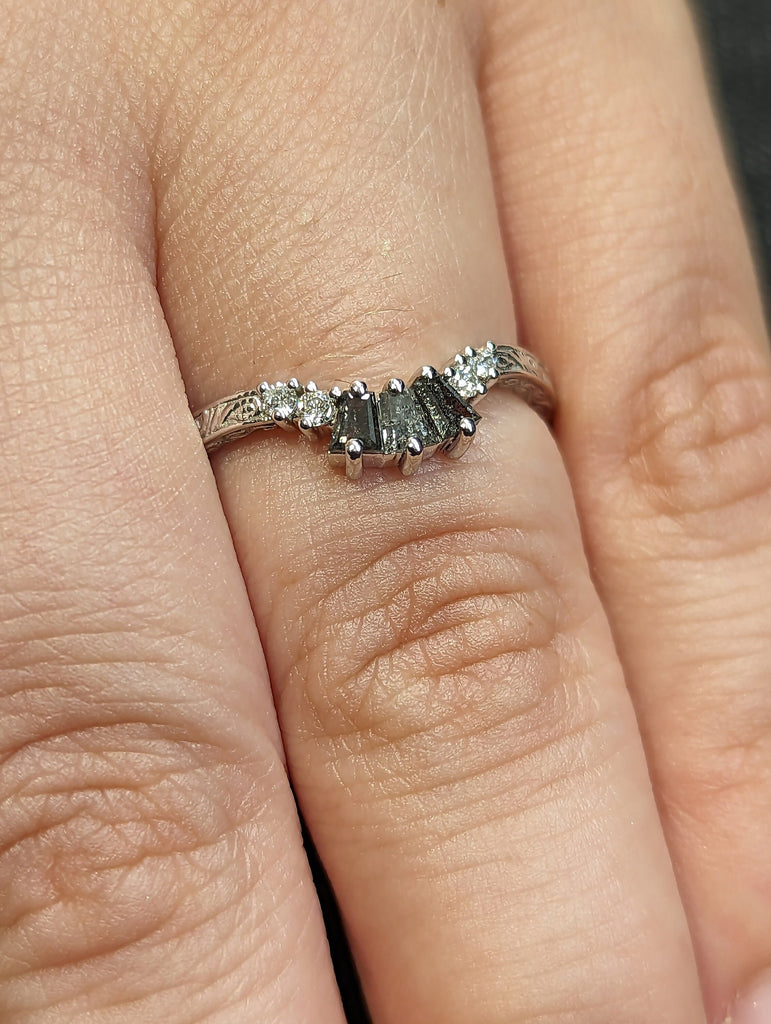 Filigree Engraved Tapered Baguette Salt and Pepper Diamond White Gold Wedding Ring