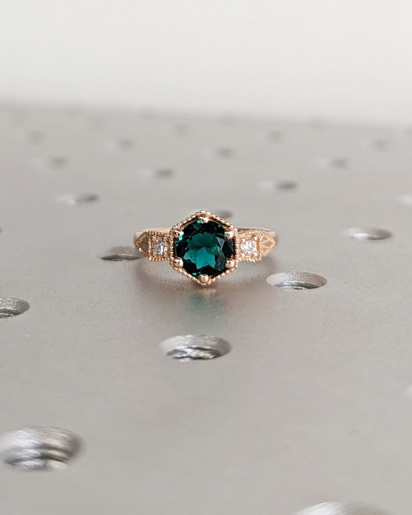 Emerald ring vintage emerald engagement ring 14k rose gold ring gift unique antique wedding promise anniversary ring for her birthstone ring