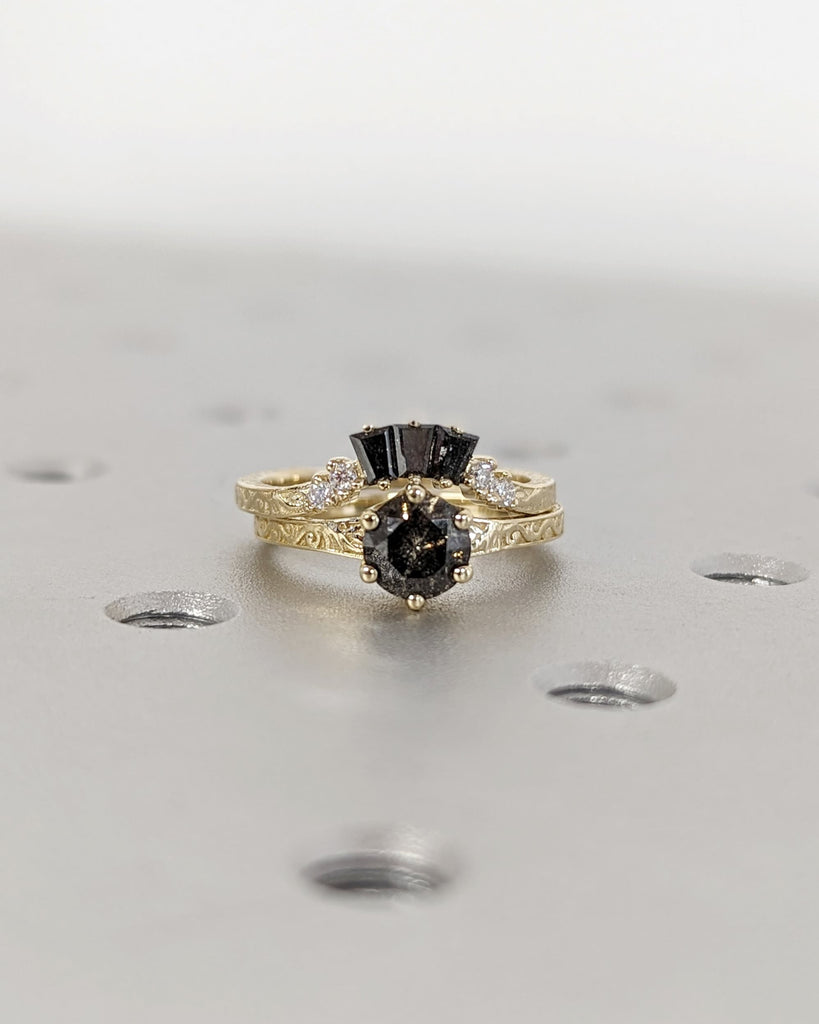 Raw Salt and Pepper Diamond Rose/White/Yellow/Black Solid Gold Engagement Ring Art Deco 1920's Inspired Thin Petite Band Unique Ring for Her