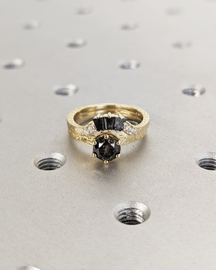Raw Salt and Pepper Diamond Rose/White/Yellow/Black Solid Gold Engagement Ring Art Deco 1920's Inspired Thin Petite Band Unique Ring for Her