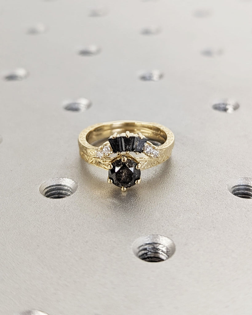 Raw Salt and Pepper Diamond Rose/White/Yellow/Black Solid Gold Engagement Ring Art Deco 1920's Inspired Thin Petite Band Unique Ring for Her