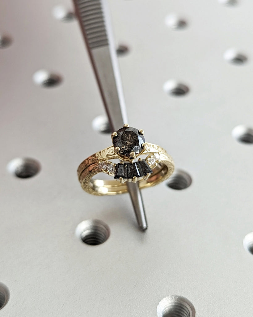 Raw Salt and Pepper Diamond Rose/White/Yellow/Black Solid Gold Engagement Ring Art Deco 1920's Inspired Thin Petite Band Unique Ring for Her