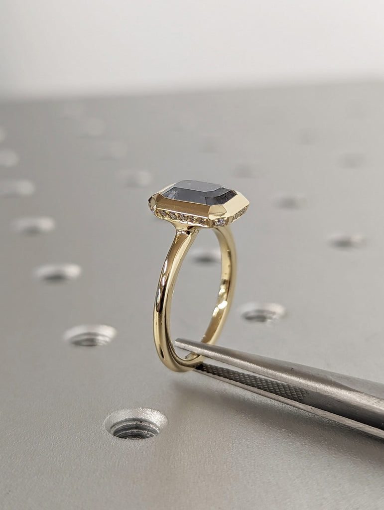 1.5ct Emerald Cut Salt and Pepper Diamond Solitaire Hidden Halo 14k Yellow Gold Engagement Ring