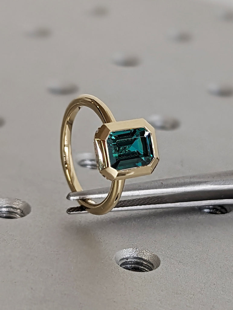 1.5ct Emerald Cut Conflict Free Lab Cultured Emerald Hidden Halo 14k Yellow Gold Statement Ring