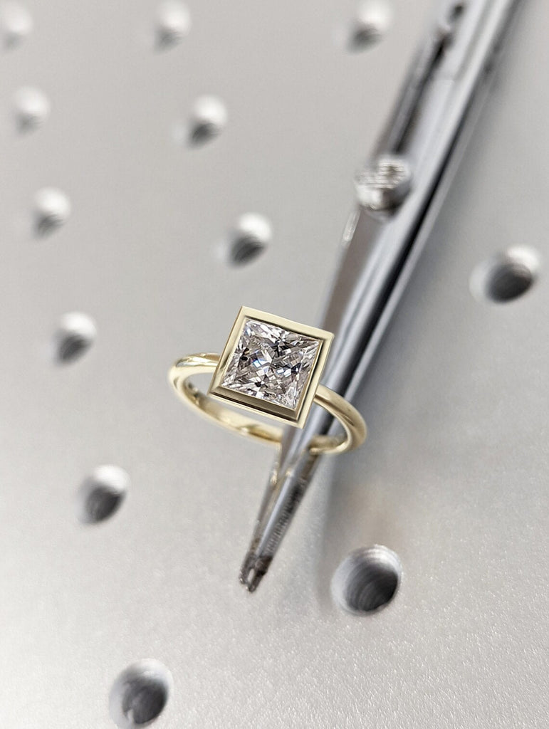 2CT Princess Cut Moissanite Solitaire Ring, 14K Yellow Gold Engagement Ring, Bezel Setting, Statement Ring, Gift For Her, Vintage Bridal Set