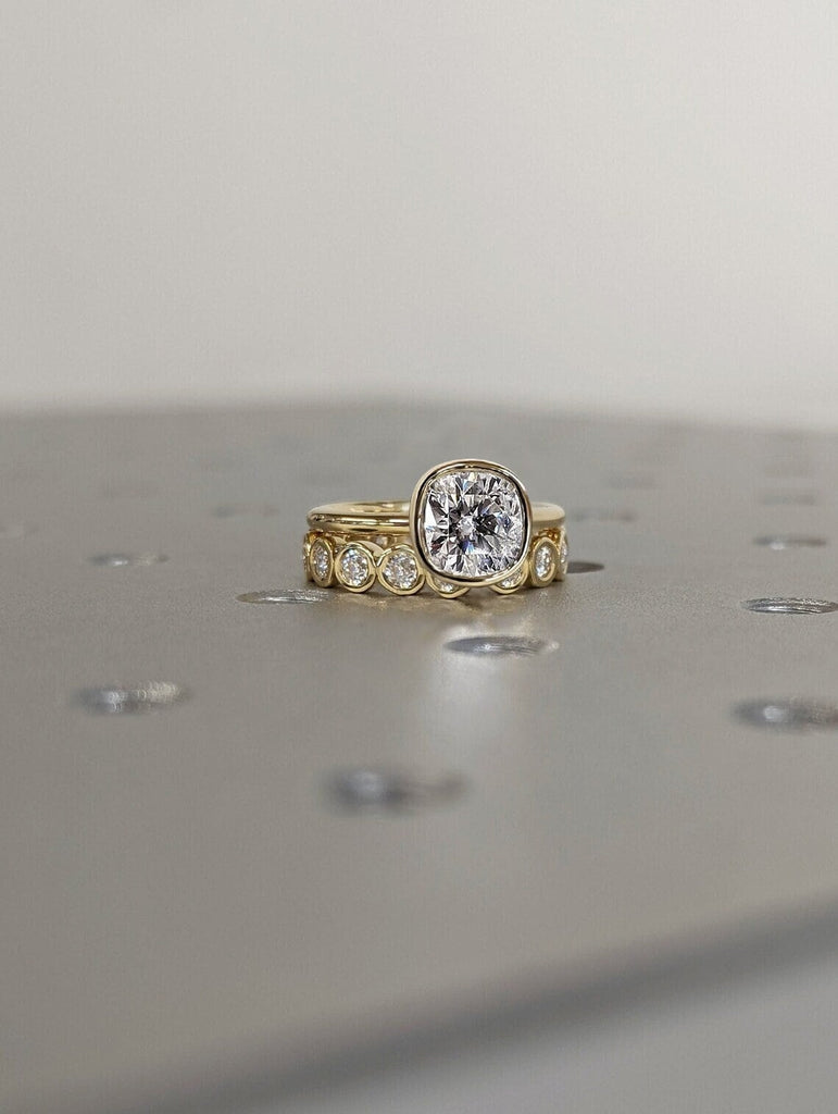 2CT Cushion Cut Moissanite Solitaire Ring, 14K Yellow Gold Engagement Ring, Bezel Setting, Statement Ring, Gift For Her, Vintage Bridal Set