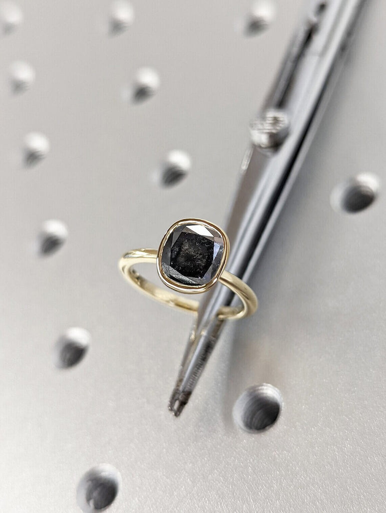 2CT Cushion Cut Salt And Pepper Diamond Solitaire Ring, 14K Yellow Gold Engagement Ring, Bezel Setting, Statement Ring, Gift For Her