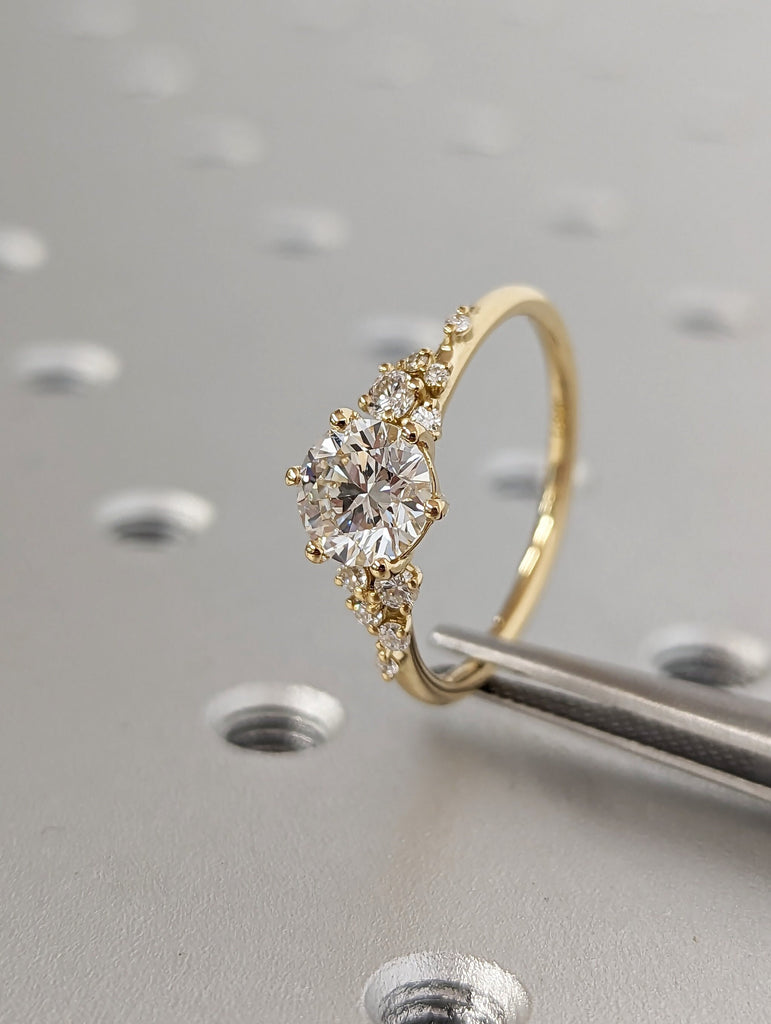 1ct Round Lab Cultured Diamond 18K Yellow Gold Snowdrift Diamond Cluster Wedding Anniversary Ring