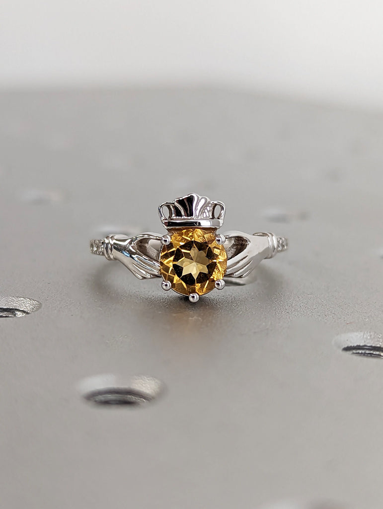 1ct Round Rose Cut Yellow Sapphire 14K White Gold Irish Claddagh Engagement Ring