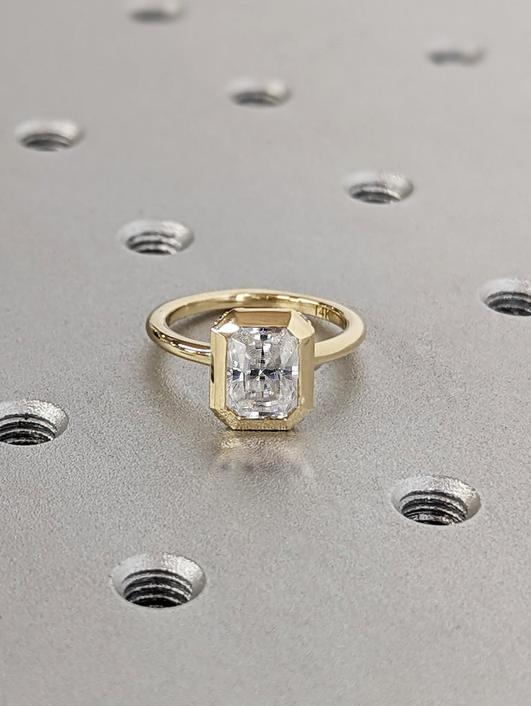 Chunky Bezel 1.5ct Radiant Cut Lab Diamond Solitaire 14k Yellow Gold Hidden Halo Proposal Ring