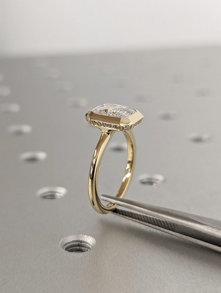 Bezel Setting 1.5ct Radiant Cut Lab Grown Diamond Solitaire 14k Yellow Gold Hidden Halo Proposal Ring