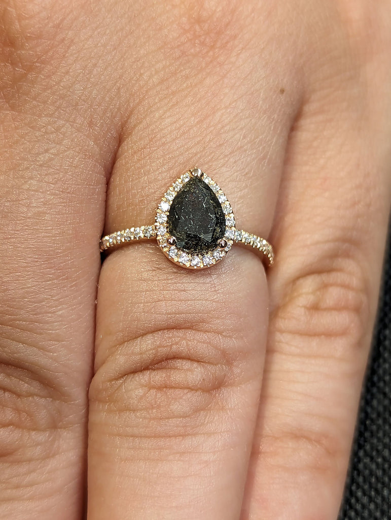 1ct Pear Salt and Pepper Diamond 14K Rose Gold Vintage Diamond Halo Promise Ring