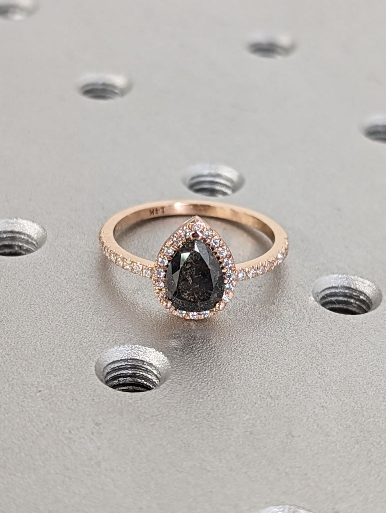 1ct Pear Salt and Pepper Diamond 14K Rose Gold Custom Wedding Anniversary Ring