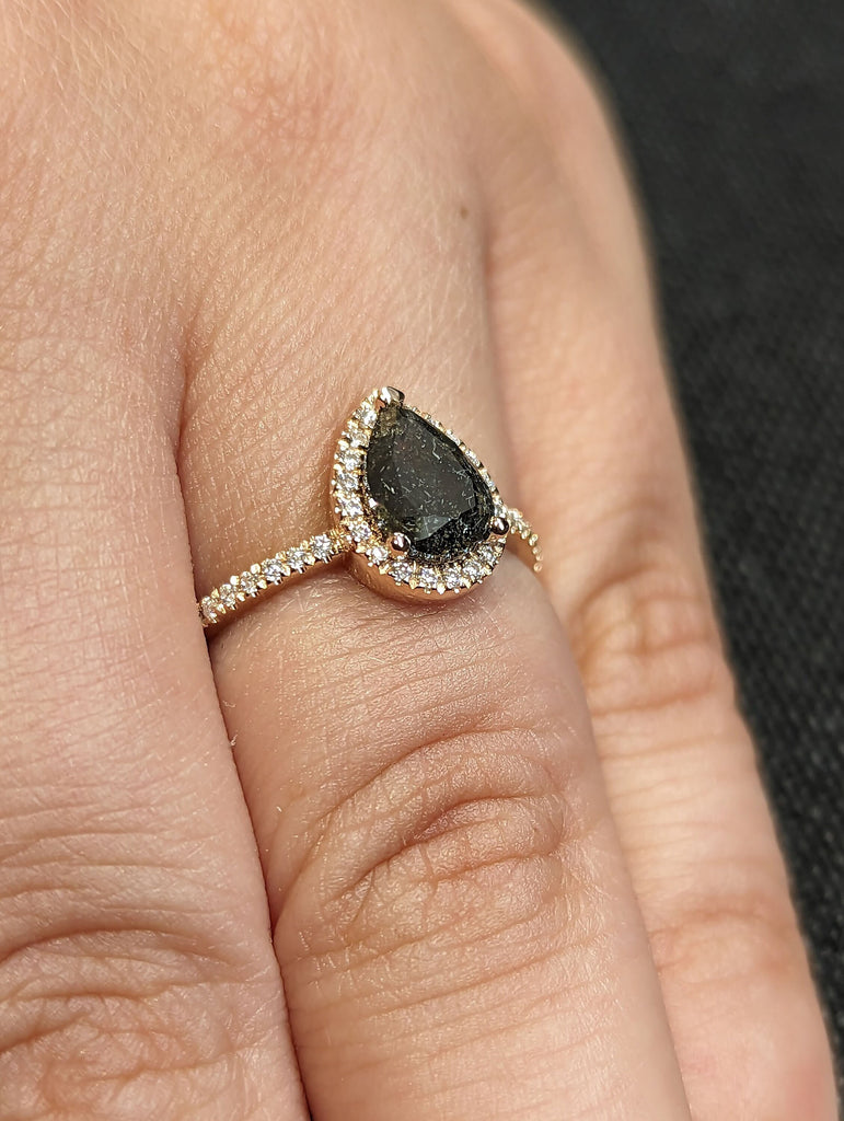 1920s Inspired 1ct Pear Salt and Pepper Diamond 14K Rose Gold Diamond Halo Wedding Anniversary Ring