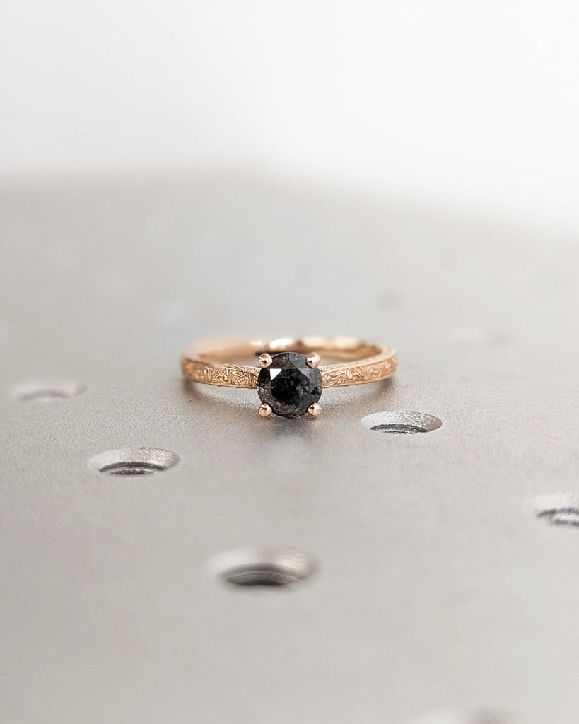 Raw Diamond Round Cut Diamond, Salt and Pepper, Unique Engagement Ring, Solitaire Diamond Ring, 18k Gold, Custom Handmade Filigree, Art Deco