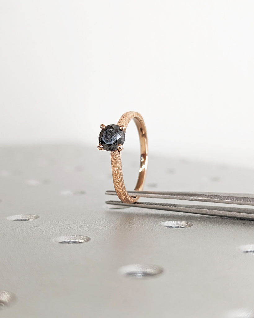 Raw Diamond Round Cut Diamond, Salt and Pepper, Unique Engagement Ring, Solitaire Diamond Ring, 18k Gold, Custom Handmade Filigree, Art Deco