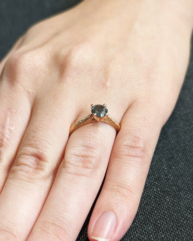 Raw Diamond Round Cut Diamond, Salt and Pepper, Unique Engagement Ring, Solitaire Diamond Ring, 18k Gold, Custom Handmade Filigree, Art Deco