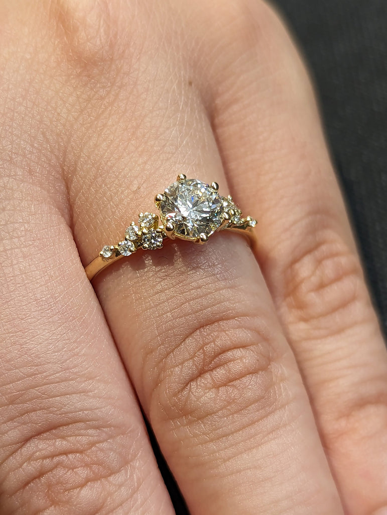 6 Prong 1ct Round Moissanite 18K Yellow Gold Snowdrift Diamond Cluster Engagement Ring