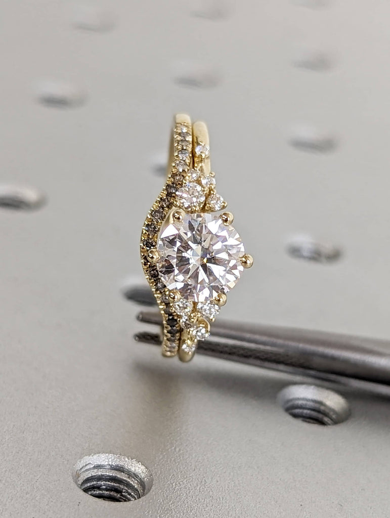 1.5ct Round Lab Grown Diamond Snowdrift Diamond Cluster 14K Yellow Gold Engagement Ring Set