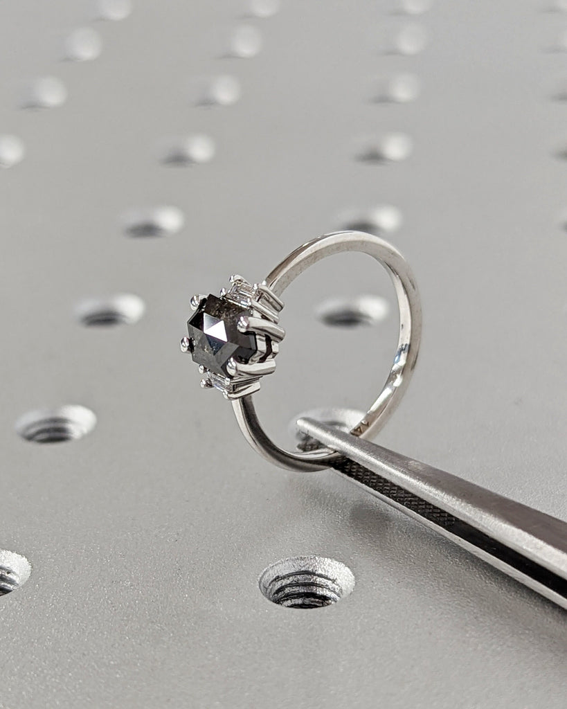 Raw Diamond Hexagon Baguette Diamond, Salt and Pepper, Unique Engagement Ring, Hexagon Cut Geometric Diamond Ring, 14k Gold, Custom Handmade