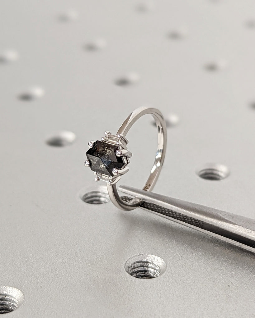 Raw Diamond Hexagon Baguette Diamond, Salt and Pepper, Unique Engagement Ring, Hexagon Cut Geometric Diamond Ring, 14k Gold, Custom Handmade