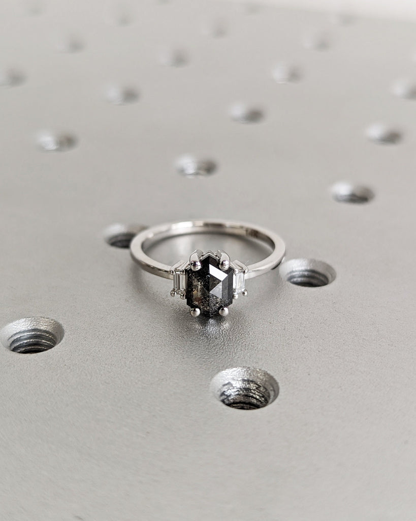 Raw Diamond Hexagon Baguette Diamond, Salt and Pepper, Unique Engagement Ring, Hexagon Cut Geometric Diamond Ring, 14k Gold, Custom Handmade
